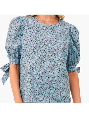 Tuckernuck Hyacinth House Fiona blouse blue ditsy floral puff sleeve keyhole XS